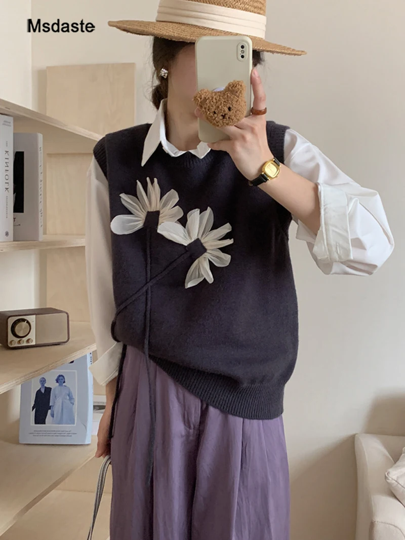 

Жилет женский трикотажный, цветочный топ с круглым вырезом, без рукавов, для фитнеса, винтажный Повседневный свитер, жилет, осень-весна