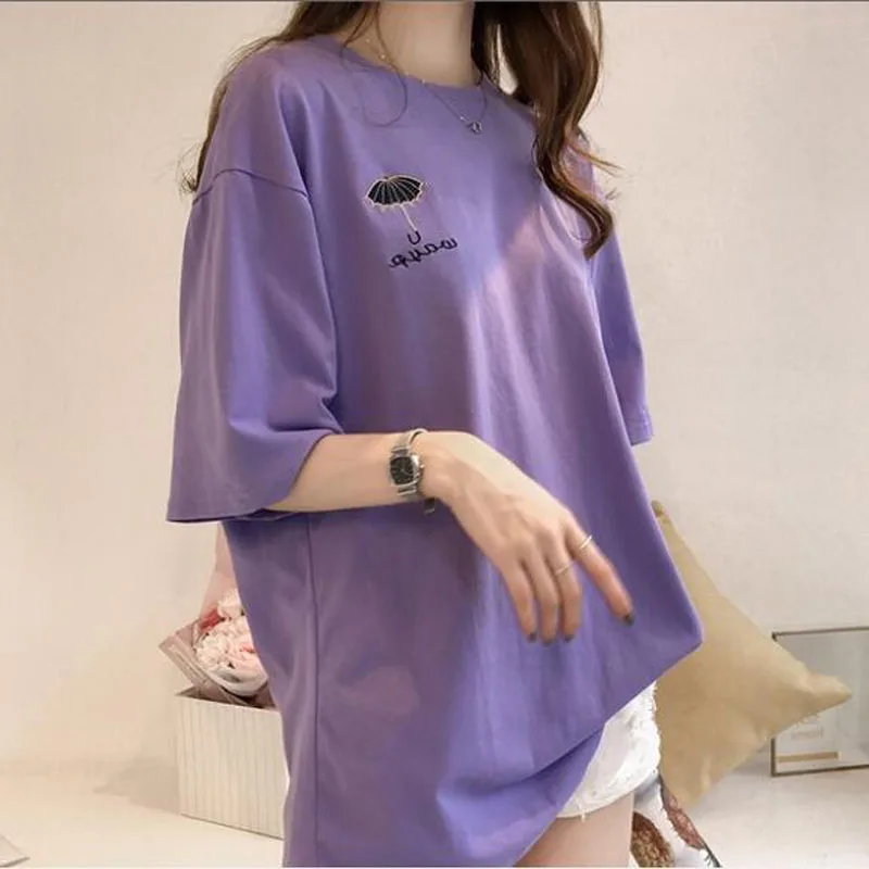 

plus size shirts for women fashion Umbrella Embroidery Short Sleeve O Neck Oversized T-shirt Top Long tops for woman tshirts
