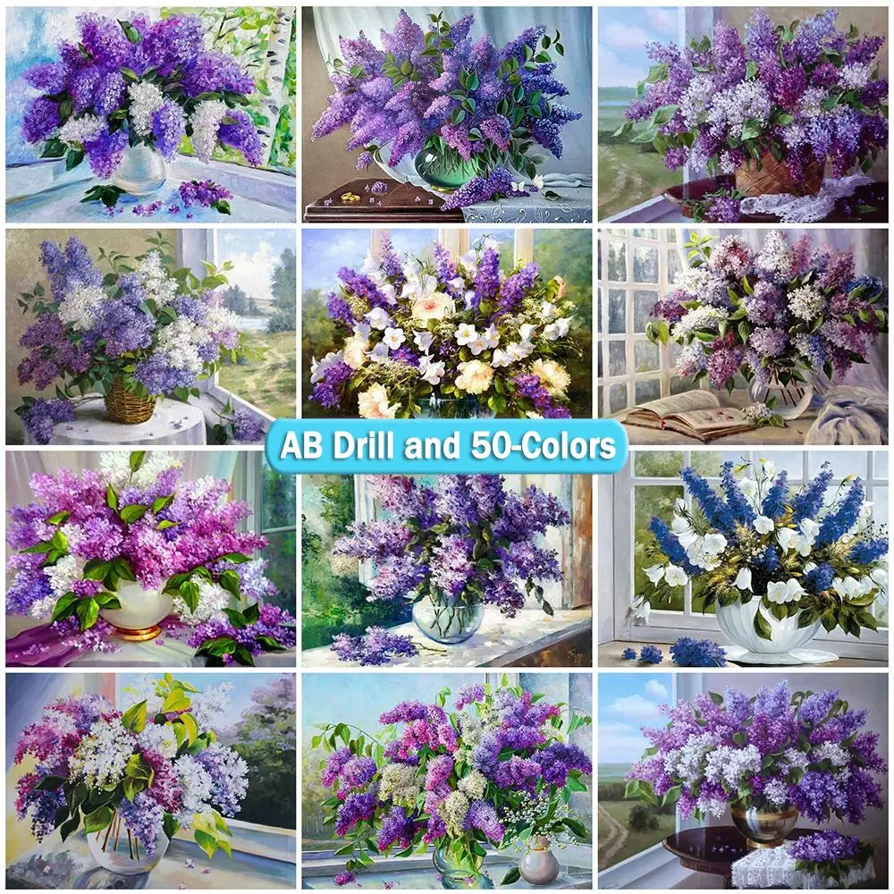 

Алмазная живопись AB, 50 цветов, сиреневая вышивка крестиком, полная квадратная круглая картина 5D, DIY Набор для вышивки «ваза», цветочное украш...