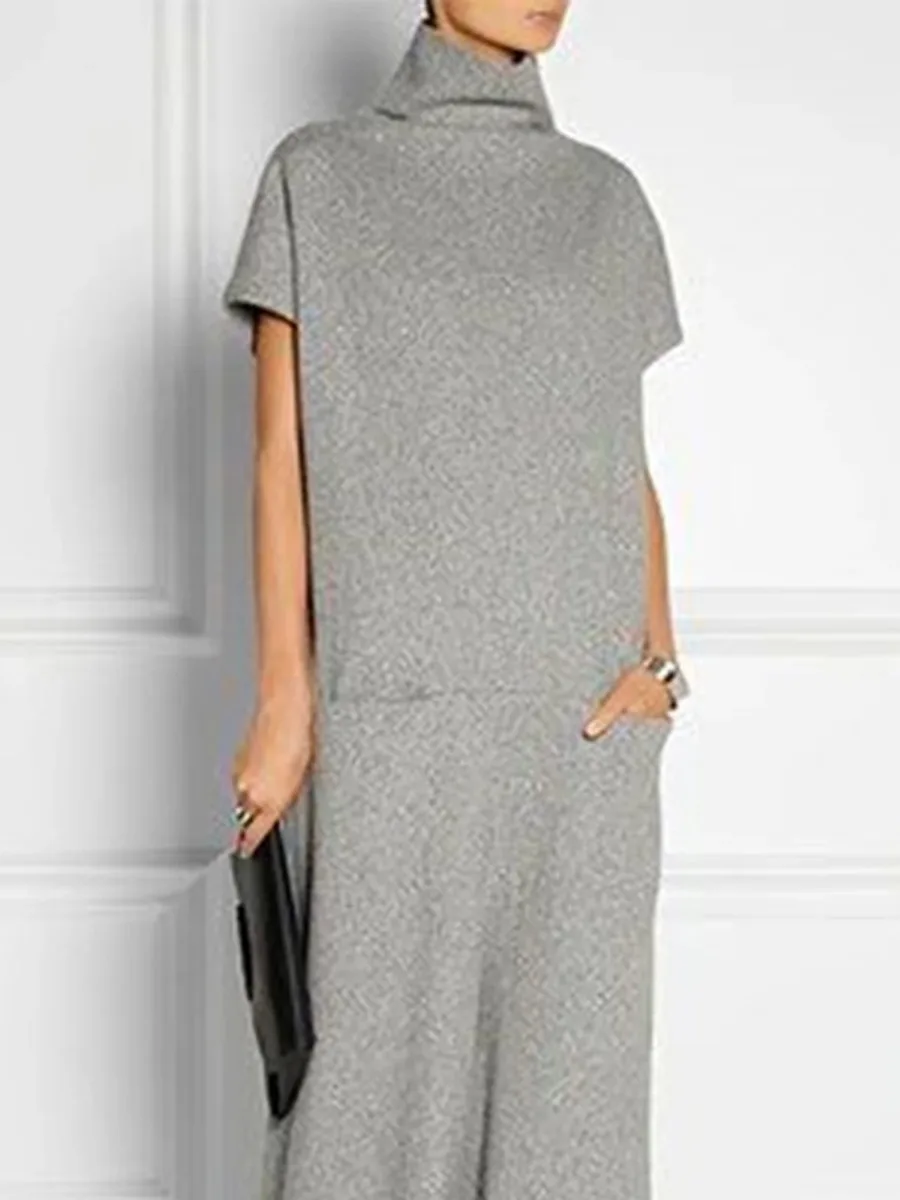 Однотонное Серое Женское Повседневное платье Freeacy с высоким воротом и коротким