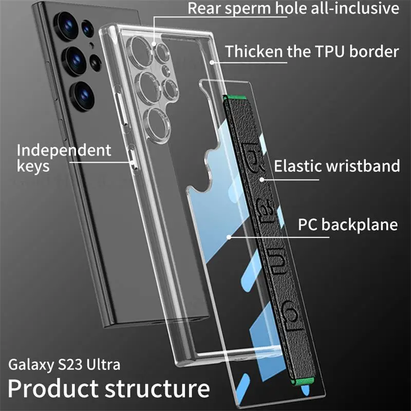 Funda For Samsung S23 Ultra HD Transparent Wristband Kickstand Case For Galaxy S23 Ultra SM-S918B Wrist Invisible Bracket Cover
