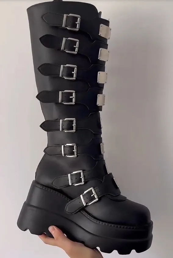 2022 New Fashion Spring Autumn Knee High Boots High Rainbow Wedges Chunky Platform Comfy Walking Gothic Style Women Shoes