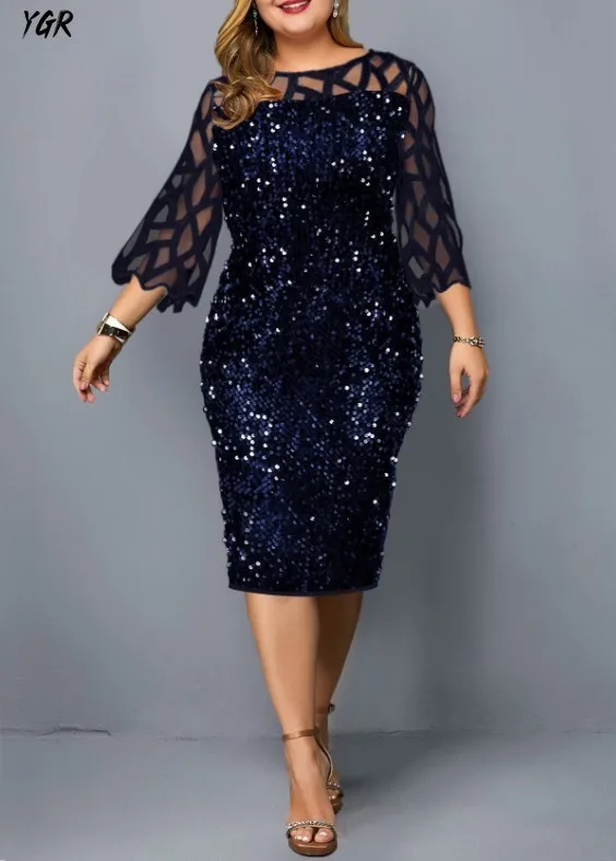 

M-5XL Plus Size Sequin Stitching Black Hollow Sleeves Blue Women Dress Red Vestido Midi Vestidos Elegantes Para Mujer Black Robe