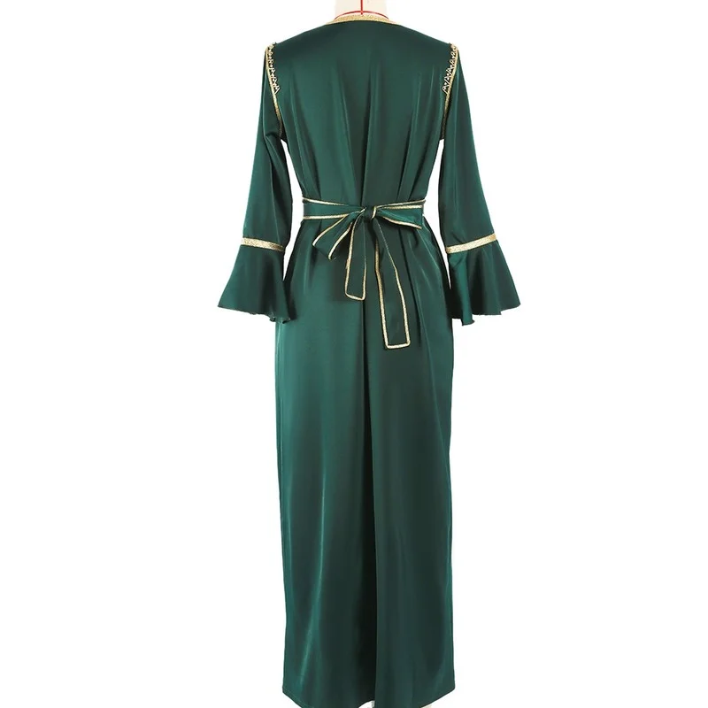Rhinestone Kaftan Women Moroccan Party Caftan Flounce Sleeve Belted Satin Long Dress Muslim Dubai  Abaya Wedding Evening Ramadan