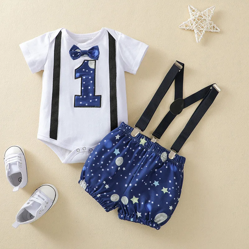 

2022 New Baby Boy Short-Sleeved Summer 1St Birthday Star Print Jumpsuit Belt Shorts Fashion Cute Suit