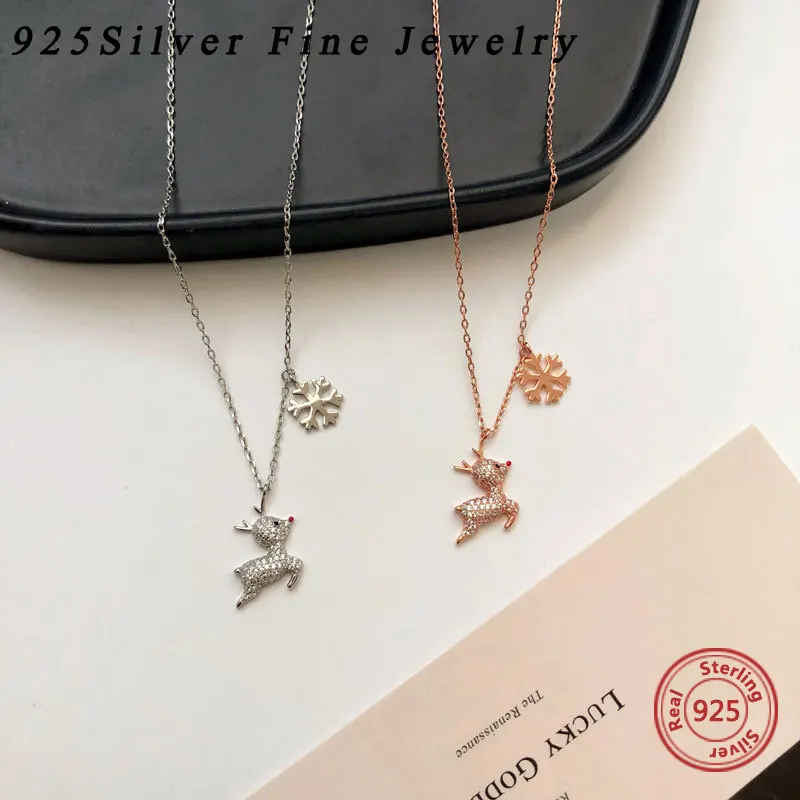 

925 Sterling Silver Lovely Elk Snowflake Necklace Fine Jewelry Fawn Clavicle Chain Zircon Inlaid New Style for Women Wholesale