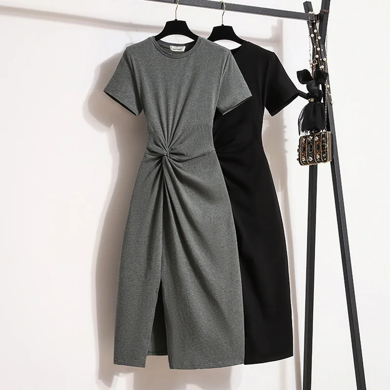 

Women Large Size Midi Cotton Dress O Neck Short Sleeve Casual Summer Elegant Slim A Line Pleated Black Gray Split Party Vestido