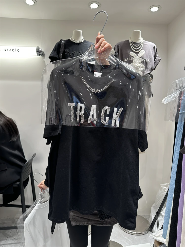 

Mid-long Women T-shirt 2023 New Spring Summer Large Size Loose Pullover Top Diamond Beading Letters All-match Casual Cotton Tees