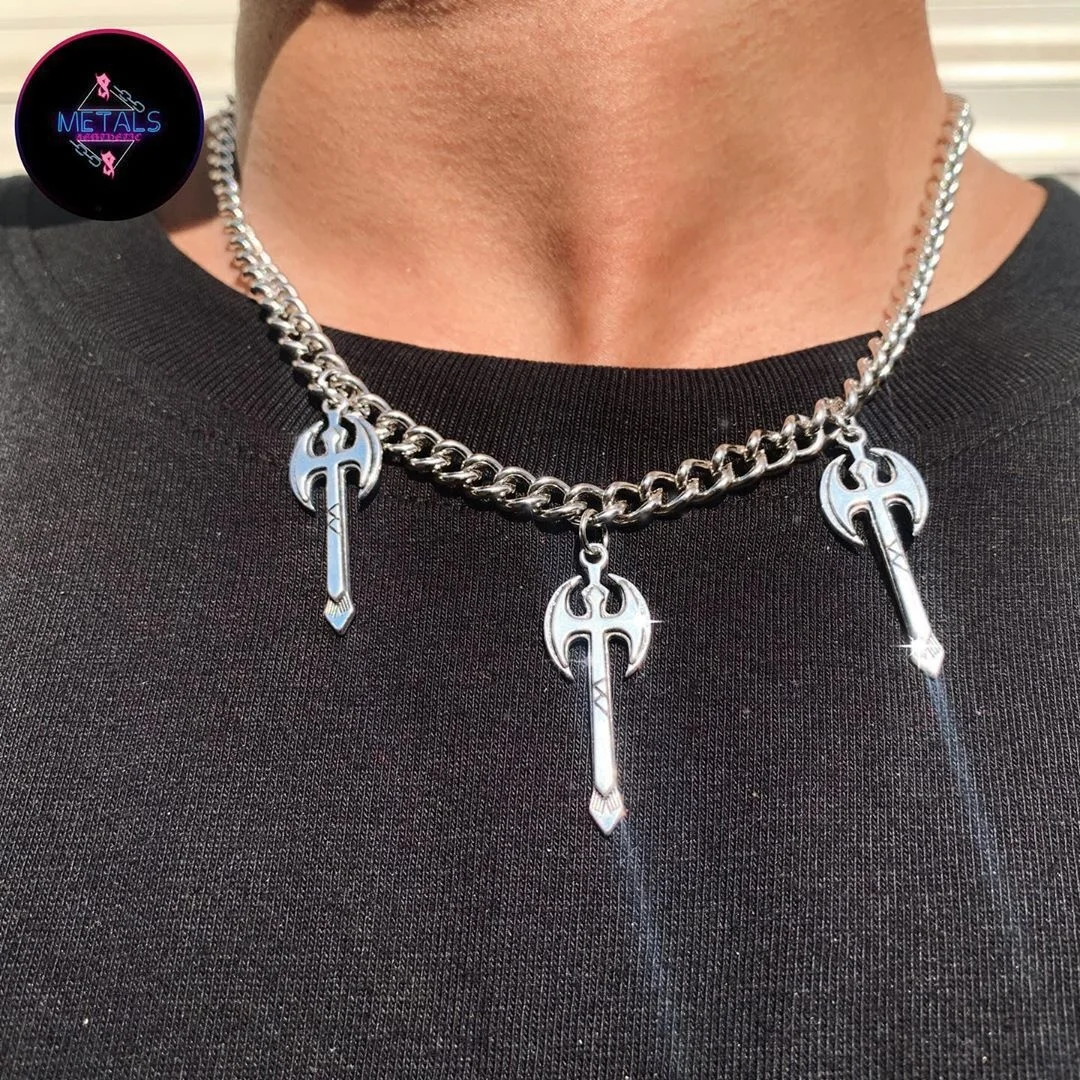 

Goth Metal Punk three Axe pendantchoker Stainless Steel Cross Necklace for women Silver Punk jewelry Best friend