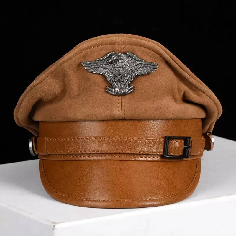 Fashion Autumn Winter Men Men‘s Motorcycle Short Brim Flat Top Suede Leather Hat Patchwork German Military Marine Captain Gorra