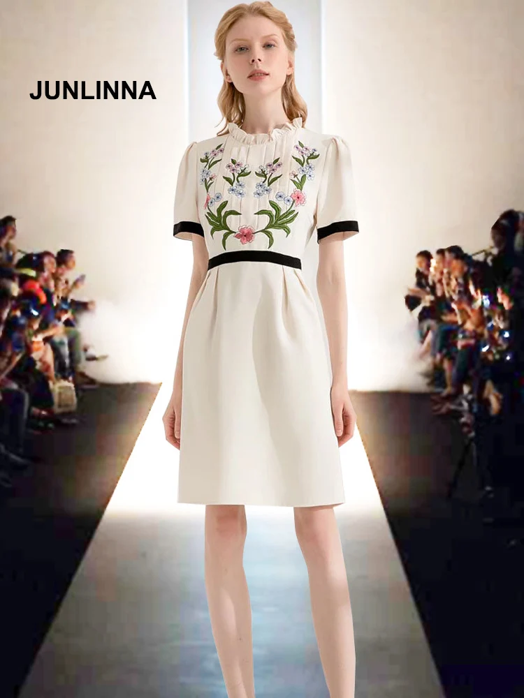 

JUNLINNA Women Princess Dresses Summer New Fungus Stand Collar Short Sleeve Pleated Embrodiery Vestidos Runway Waist-closing