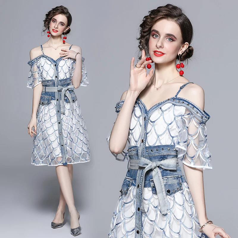 

Summer New High-end Temperament Women's One Line Neck Lotus Leaf Sleeve Willow Nail Off Shoulder Sling Mesh Stitched Denim Dress