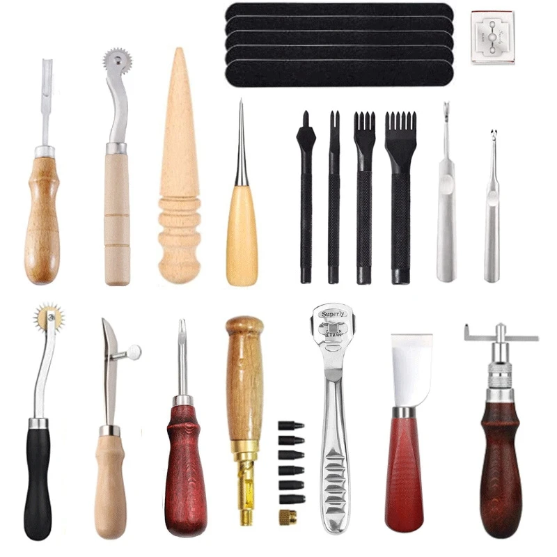

30Pcs DIY Professional Leather Craft Tools Kit Hand Sewing Stitching Punch Carving Work Saddle Groover Set Accessories