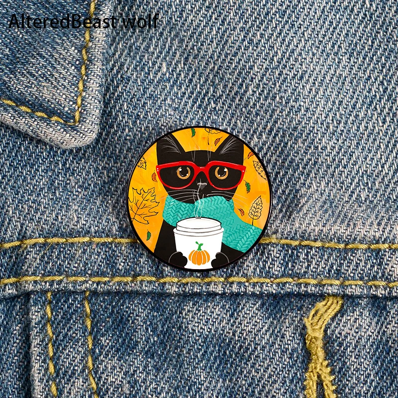 

Autumn Pumpkin Coffee Cat Pin Custom Funny Brooches Shirt Lapel Bag Cute Badge Cartoon Cute Jewelry Gift for Lover Girl Friends