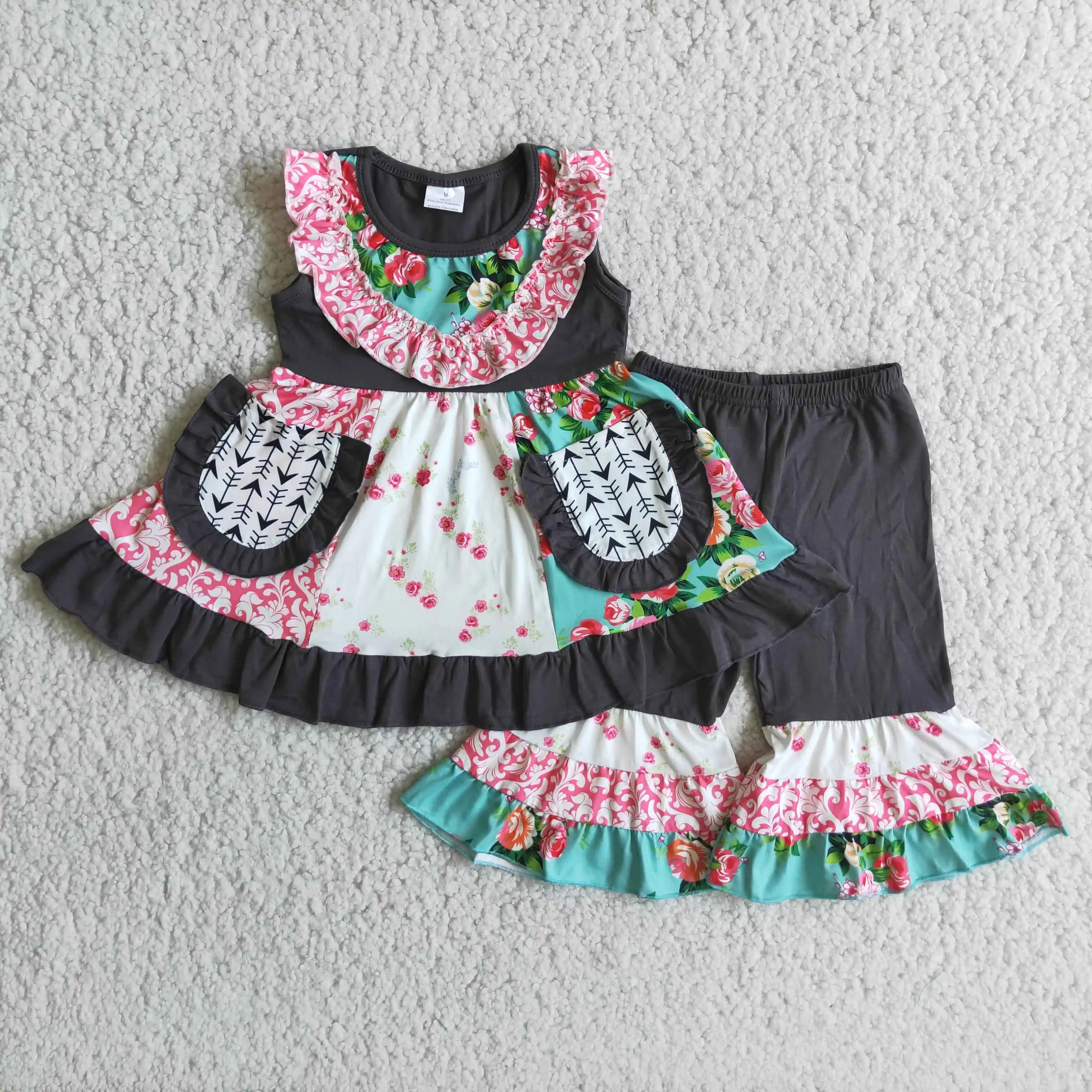

High Quality RTS NO MOQ Sassy Children Ruffle 2PCS Apparels Baby Spring Boutique Outfits Kids Toddler Clothing Sets