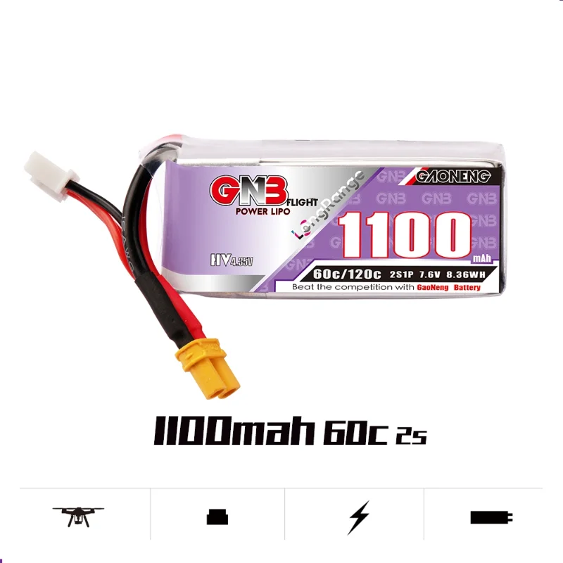 

2 шт., литий-полимерные аккумуляторы Gaoneng GNB 1100 мАч 2S 7,6 В 60C 120C 2S1P HV 4,35 в с разъемом XT30 для гоночного дрона с долгим сроком службы FPV RC