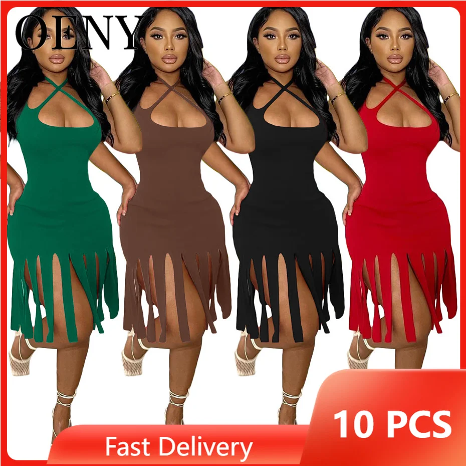 

Sexy Bandage Neck Backless Nightclub Knee length Dress New Summer Holiday Skirt Hem Tassel Wholesale Items Bulk Lots O9048