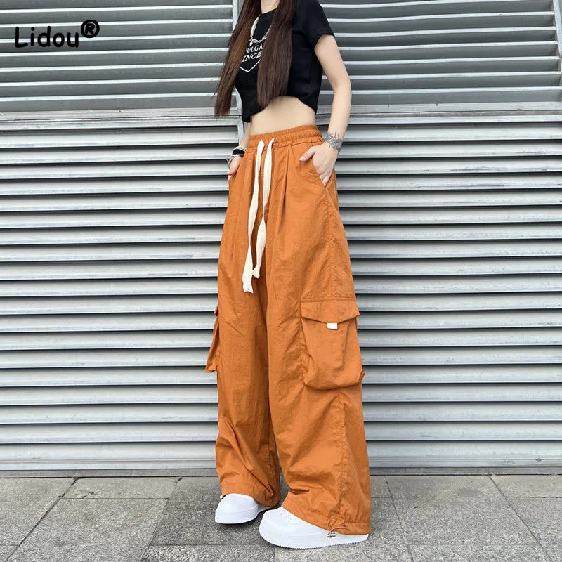 

Fashion Streetwear Pockets Spliced Solid Color Pants Women's Clothing Casual Female High Waist Drawstring Loose Wide Leg Pants