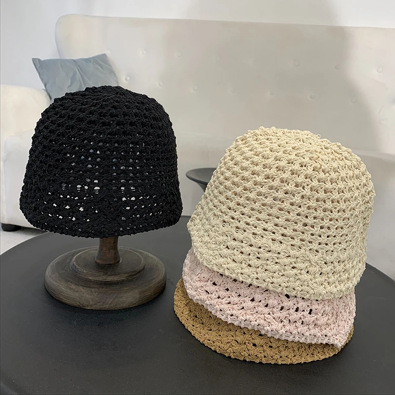 Summer breathable linen knitted bucket hat for women hand woven fisherman hat milk ice silk comfortable soft basin hat fashion