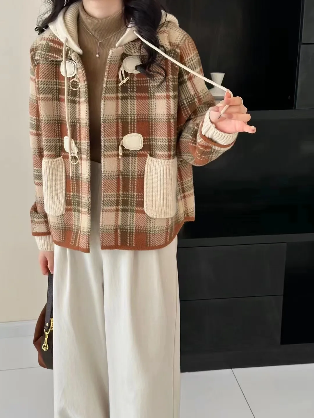 Hood Detachable Collar Plaid Woolen Jacket Women Autumn and Winter New High-Grade Short Double-sided Plush Cardigan Top Thick