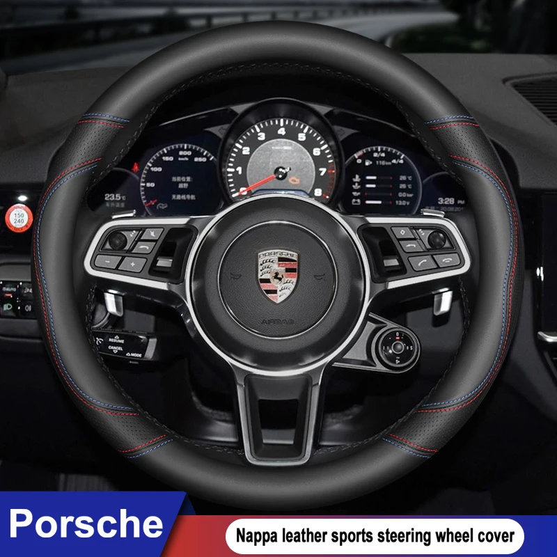 

Car Nappa Leather Sports Steering Wheel Cover For Porsche Taycan Cayenne Macan Panamera 718 911 Car