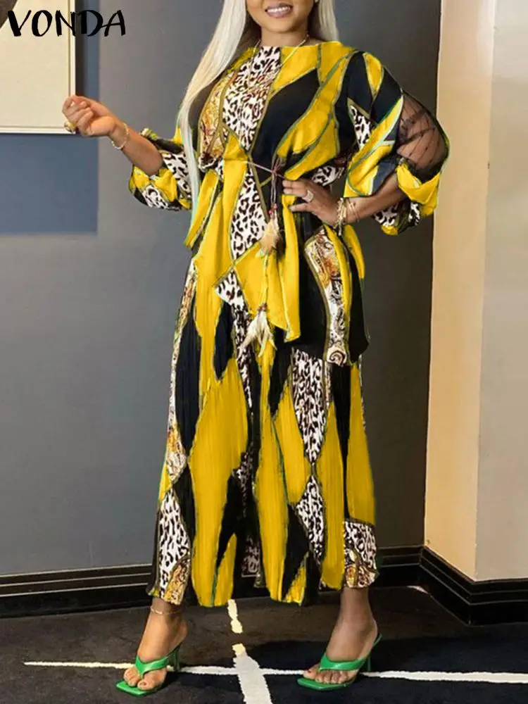 

VONDA Summer 2022 High Waist Long Dress Suits Bohemian Stylish Long Sleeve Printed Lace Patchwork Tops Women Matching Robe Sets