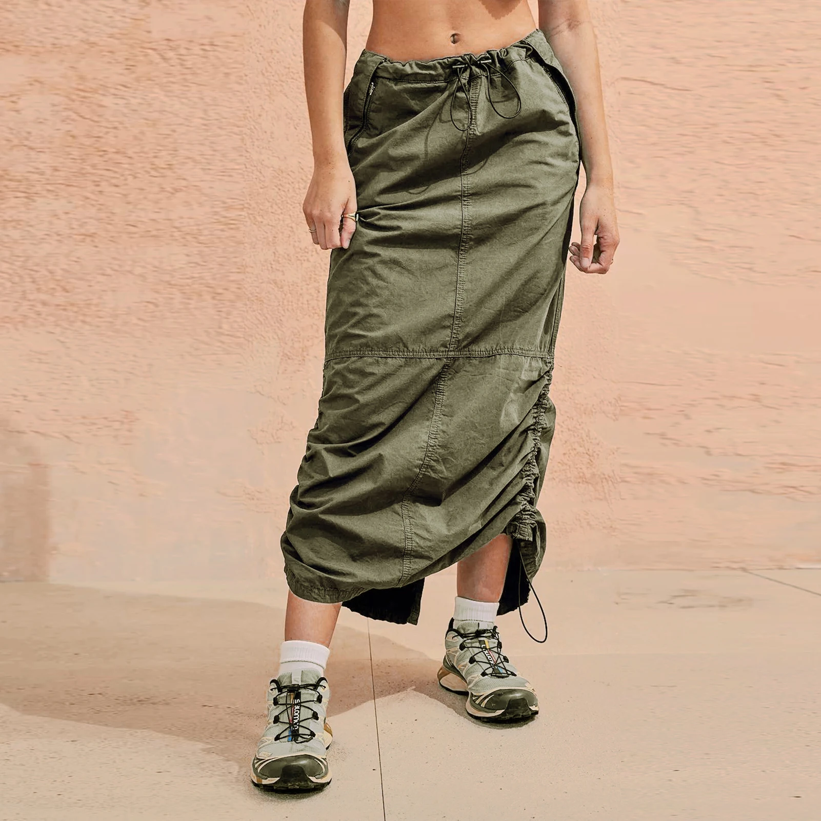 

Summer Long Skirt Drawstring Ruched Skirt Low Waisted Skirt with Pockets Solid Color Y2K Style Slim Fit Streetwear Suit