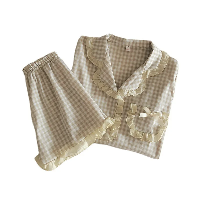 Korean Pajama for Women Summer Loungewear Sleepwear Sets Girls Sweet Plaid Lapel Pyjama Kawaii Ruffle Pijama Japanese Home Suit