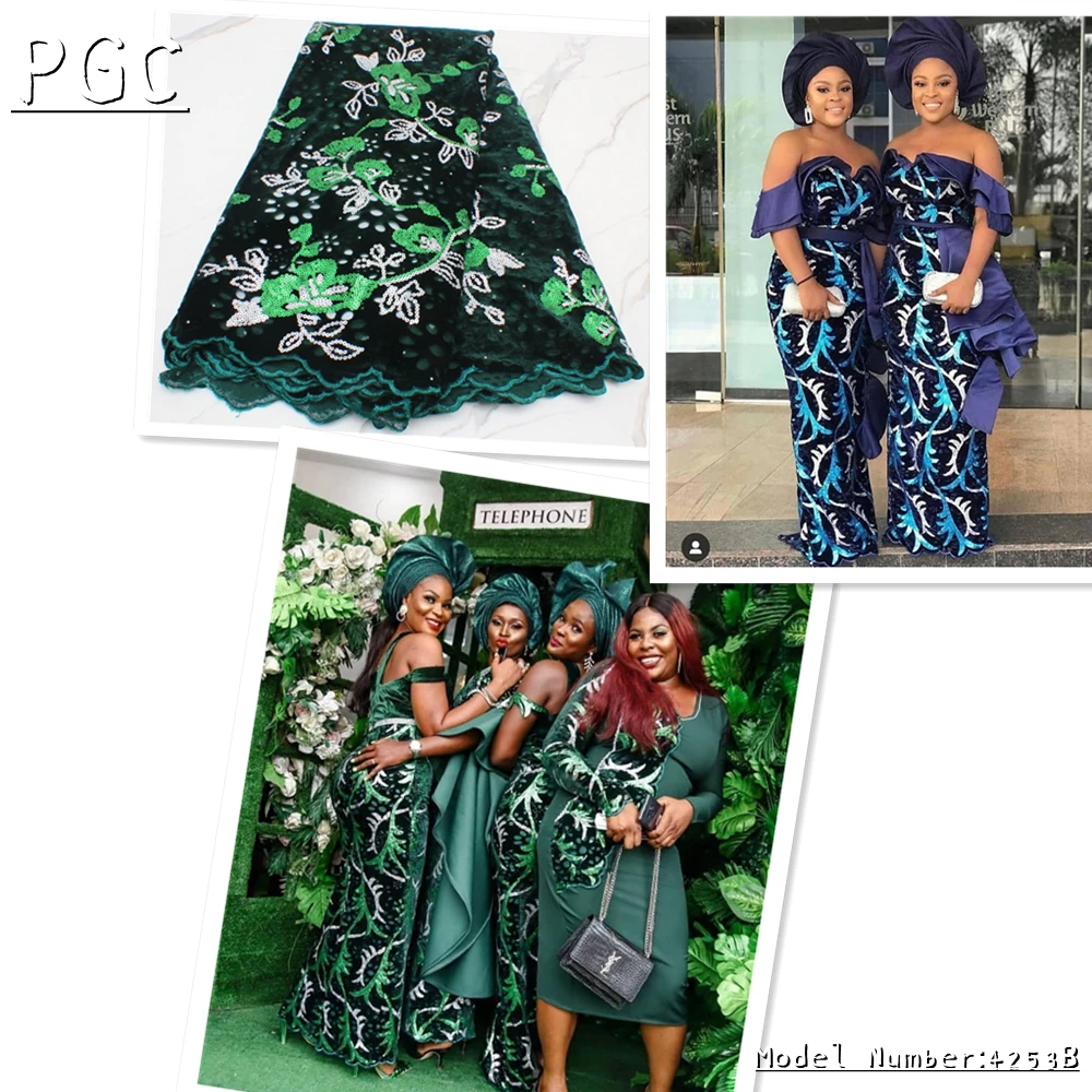 

PGC 2022 Summer Women's 5 Yards Flocking Nigerian Velvet Sequins Sewing Materials Dubai Lace Fabric For Wedding Dress 4253B