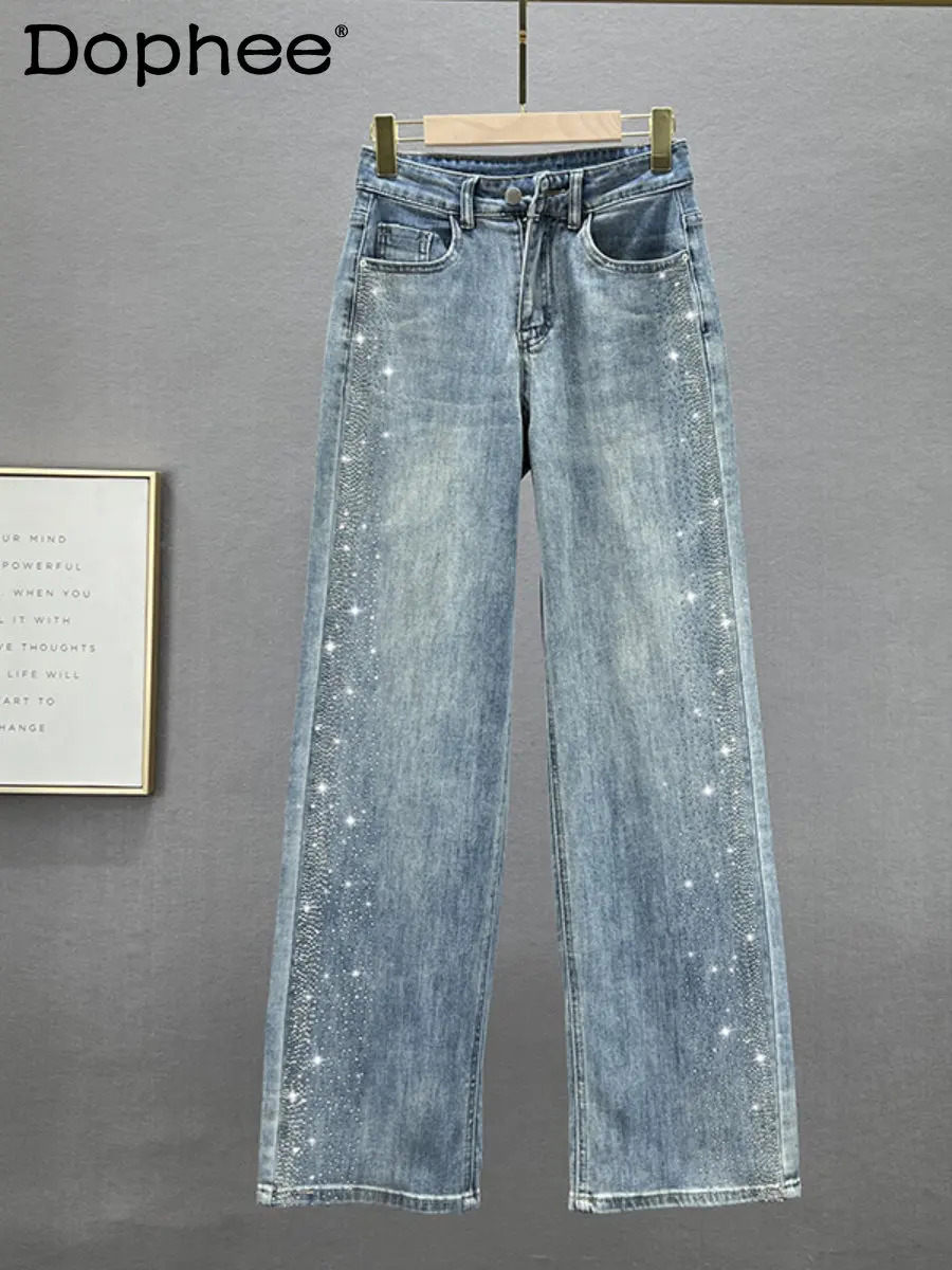 

Loose Wide-Leg Jeans Women's Fashionable 2023 Spring New High Waist Slimming Rhinestone Denim Pants Female Mop Pants Trousers