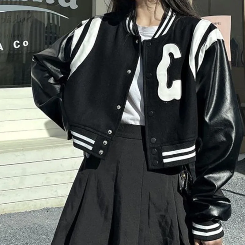 

American Vintage black baseball Cyber Y2k Uniform Short Coat Basic Jacket Spring Clothes For Techwear Loose BF Women Clothing