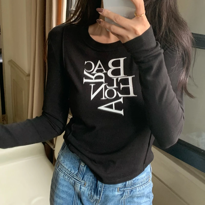 

Letter Printed High Elastic T Shirt for Woman Korean Fashion O Neck Long Sleeve T-shirts Women Casual Top Female Dropshipping