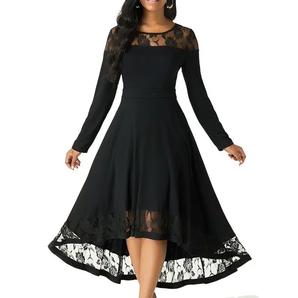 

Летнее повседневное однотонное модное кружевное удобное и универсальное модное женское платье с длинным рукавом
