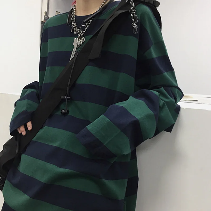 

Oversized High Street Stripe T-shirt Harajuku long sleeves vintage style All-match Unisex fashion clothes Japanese Streetwear