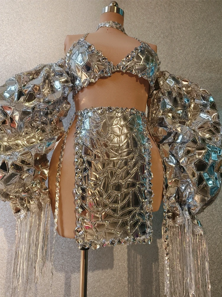 

Sexy Shining Silver Laser Glitter Bubble Sleeves Birthday Celebrate Lacing Outfit Party Costume Dancer Performance Show Suit
