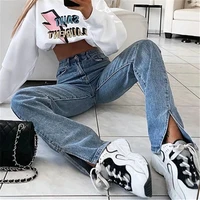 high waist loose straight denim jeans slim thin spring autumn new womens fashion mopping small slit pants street hipster jeans