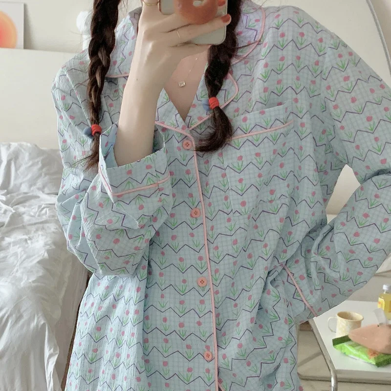 2 Piece Women Set Spring Autumn Long Sleeve Pajamas for Woman Cotton Fashion Sleepwear Flowers Floral Print Sweet Pajama Set