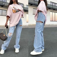 2022 new summer new fashion ripped hole washed casual high waist straight jeans womens mother jeans womens pants