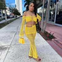 grid knitted two piece set women summer beach outfits off shoulder long sleeve crop top lace up skirt flare pants casual suits