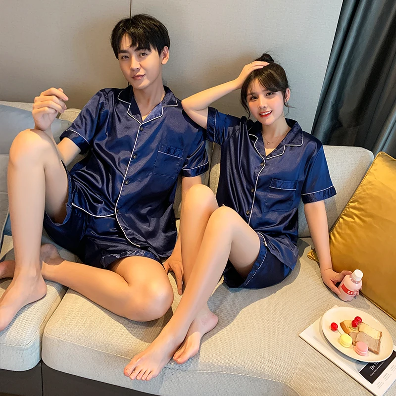 CAIYIER Summer Solid Color Silk Lover Nightwear Short Sleeve Casual Family Sleepwear Men & Women Couple Lounge Wear Pijama Set