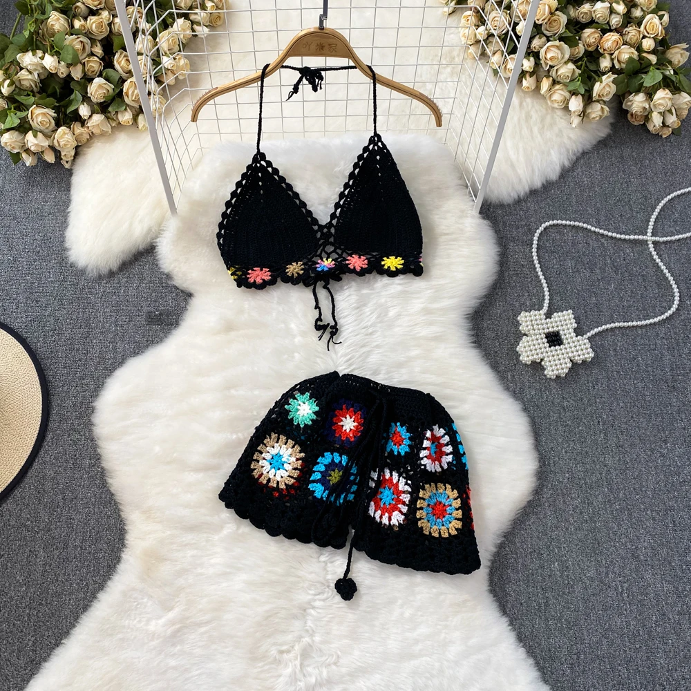 

Women's Fashion Set Two Piece Hook Knitted Hollow V-Neck Strap Tank Top Wide Leg Shorts Bohemian 2 Piece Sets Womens Outfits