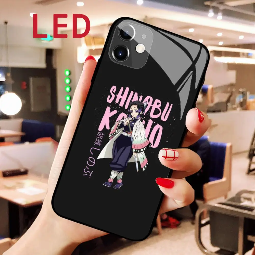 

Demon Slayer Fashion Luminous Tempered Glass Phone Case for Apple Iphone 14 13 12 11 Pro Max X XS XR Protect LED Backlight Cover