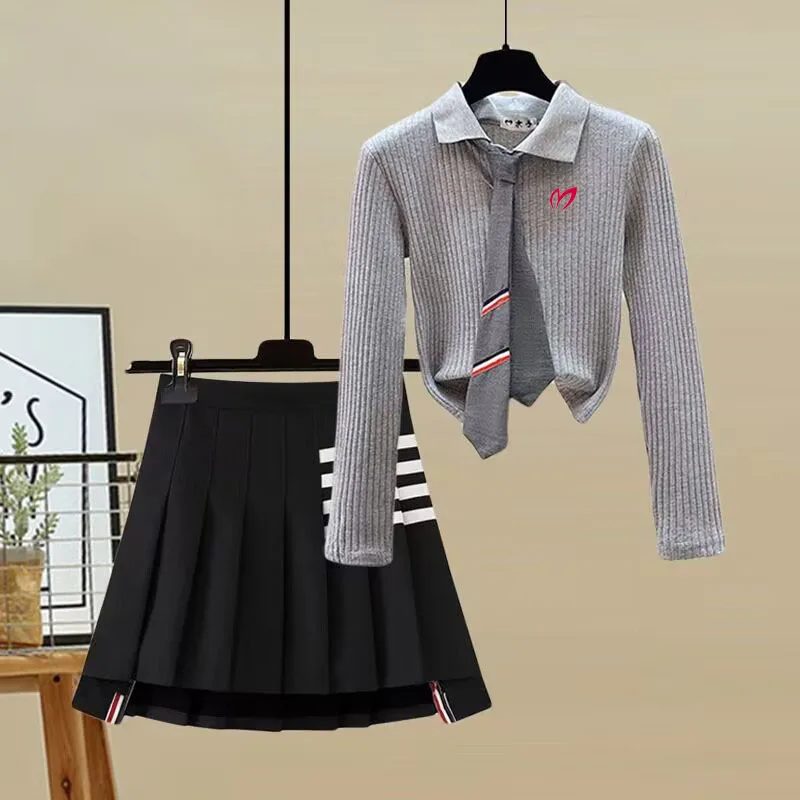 2023 spring and summer new polo sweater top+pleated skirt short skirt suit women's high waist slim A-line skirt golf skirt suit