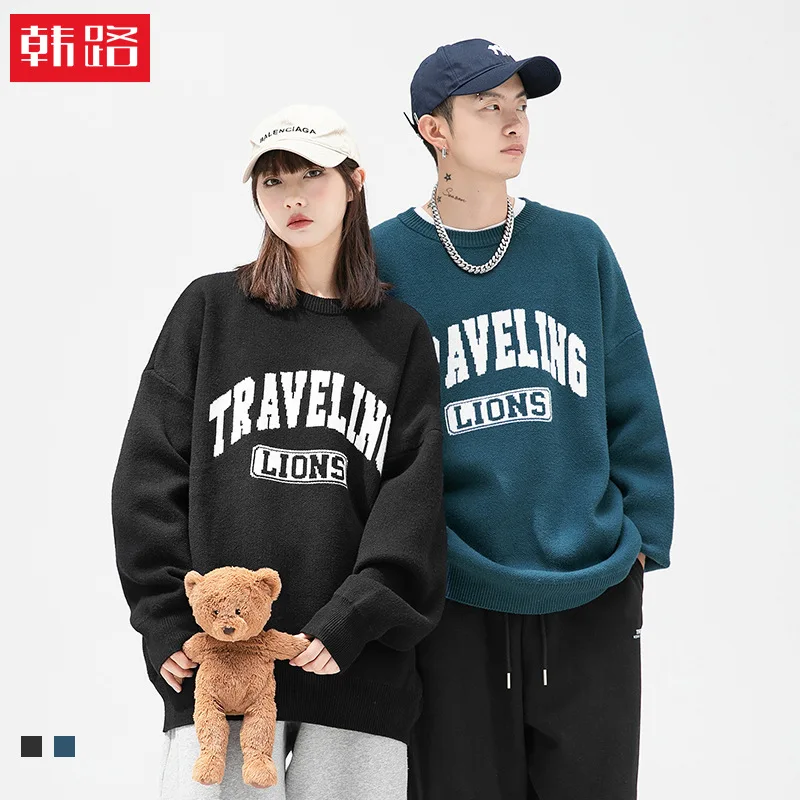 

Korean Road Japanese Style Men's Clothing Trendy Brand Sweater American Retro Jacquard 2022 Autumn and Winter New Loose Hip Hop