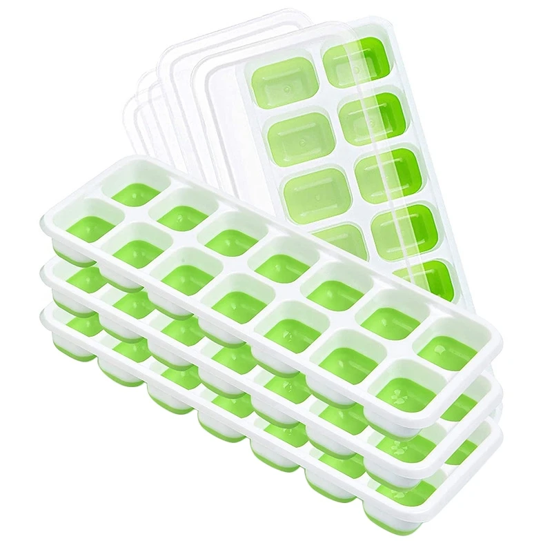 

14 Compartment Ice Square Tray, Silicone Ice Square Tray with Lid, Stackable Ice Square Trays, (4 Pack) (Green)