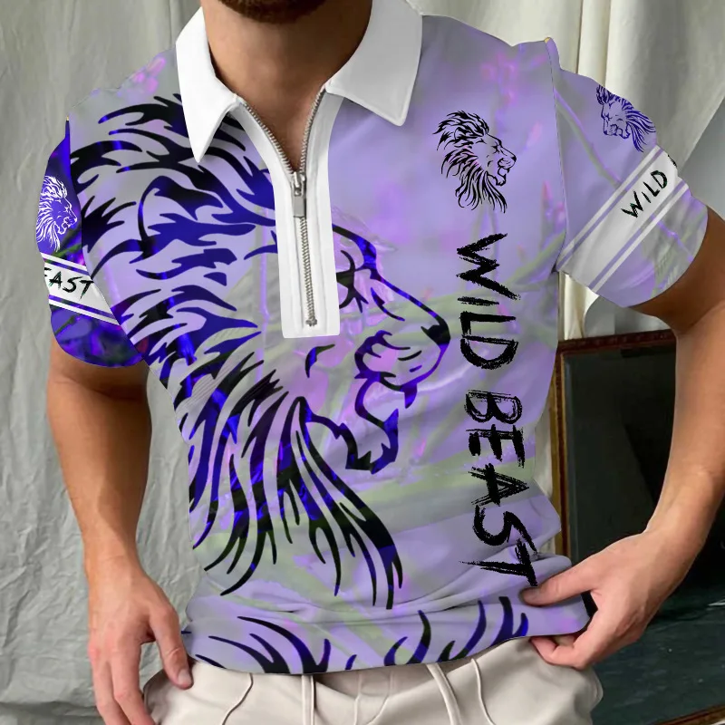 Fashion zipper polo shirt 3D digital printing loose short-sleeved European size quick-drying collar T-shirt lone wolf men's top