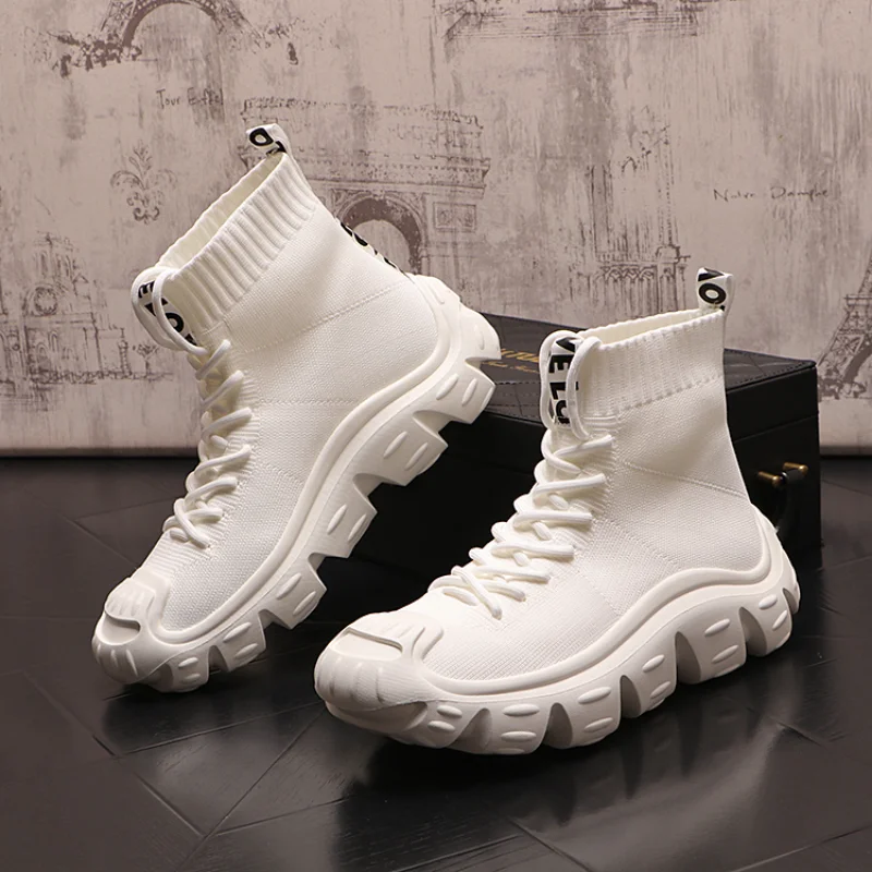 

High Top Sneakers Men's Fashion Knitted Socks Boots Thick Sole Heightening Men's Shoes Casual Breathable Ankle Boots