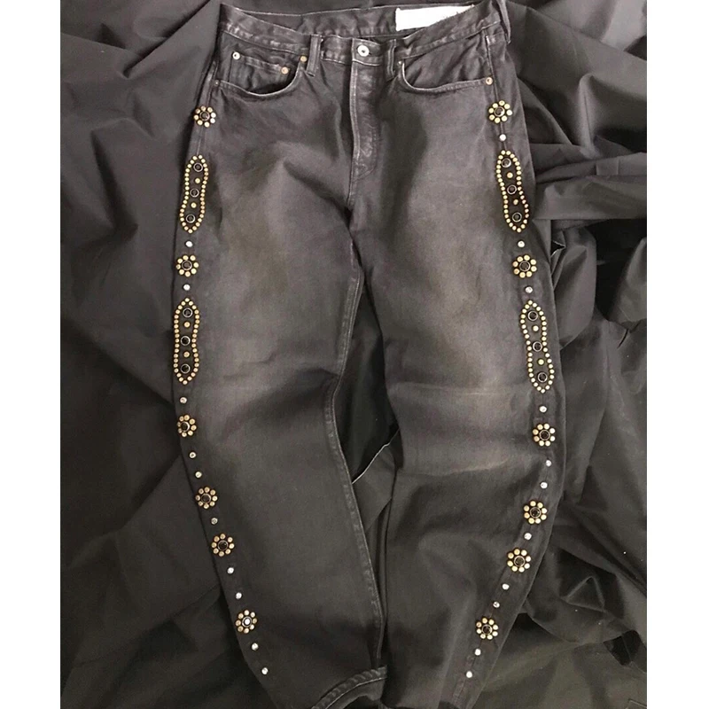 21AW KAPITAL Hirata Hohiro Vintage Washed Gem Embroidery Casual Denim Pants for Men and Women Black Slim Jeans High Quality