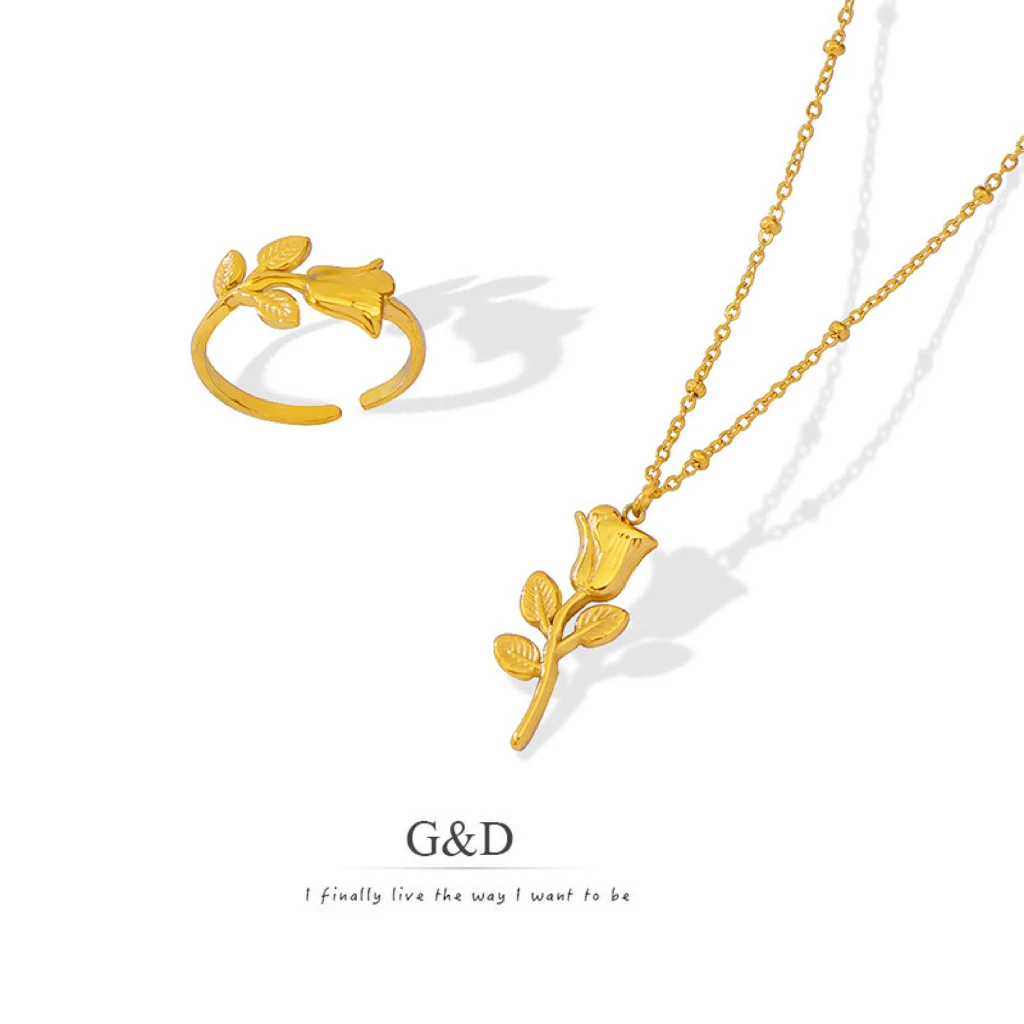 

G&D Korean INS Trendy Sweet Internet Celebrity Accessories Gold Color Stainless Steel Rose Necklace/Rings Set for Women Jewelry