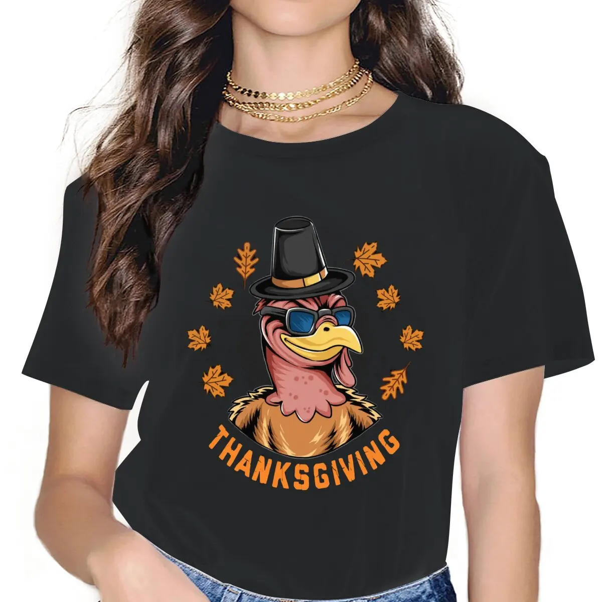 

Novelty Thanks Giving Holiday Turkey Wearing Sunglasses T-Shirts for Women Round Neck Cotton TShirt Popularity Trend Tee Shirt